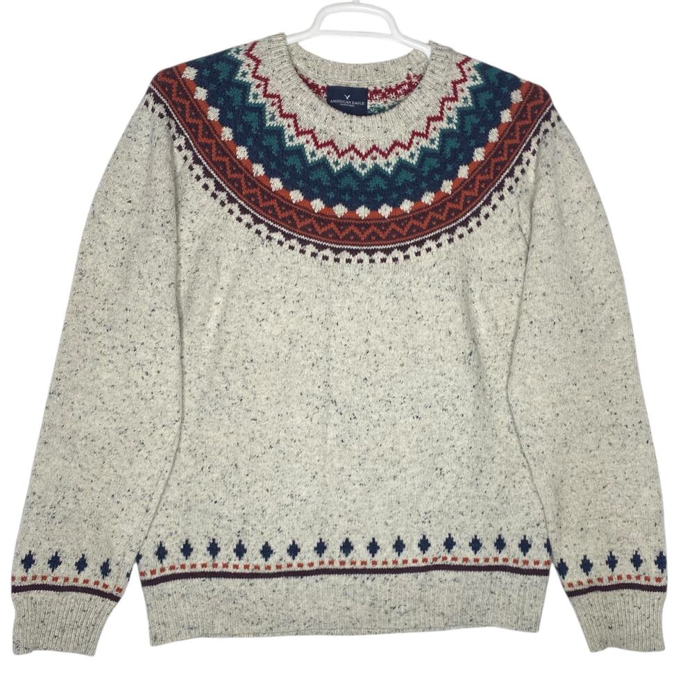American Eagle Fair Isle Nordic Sweater Gray Crew Neck Mens Large Cabincore